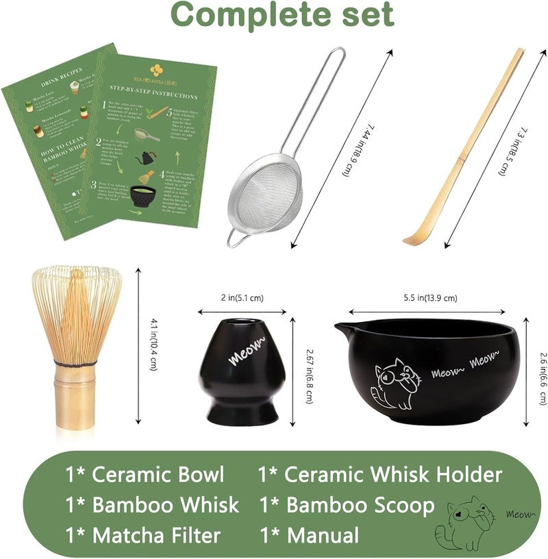 KOIMYSA Matcha Whisk Set Black, Traditional Matcha Tool Set Kit Cat Design Ceramic Chawan Bowl and Bamboo Whisk Gift for Women Friend Tea Lover - Image 2